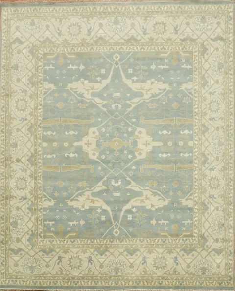 Exquisite Blue and Cream Oushak Hand-Knotted Large Rug 12'x15'