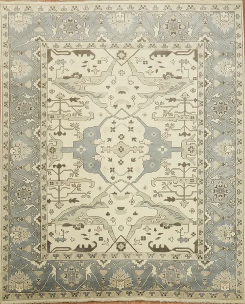 Ivory and Blue Traditional Oushak Hand Made Large Rug 12x15