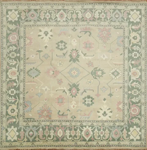 Traditional Floral Greens and Pinks Oushak Large Square Rug 12'x12'