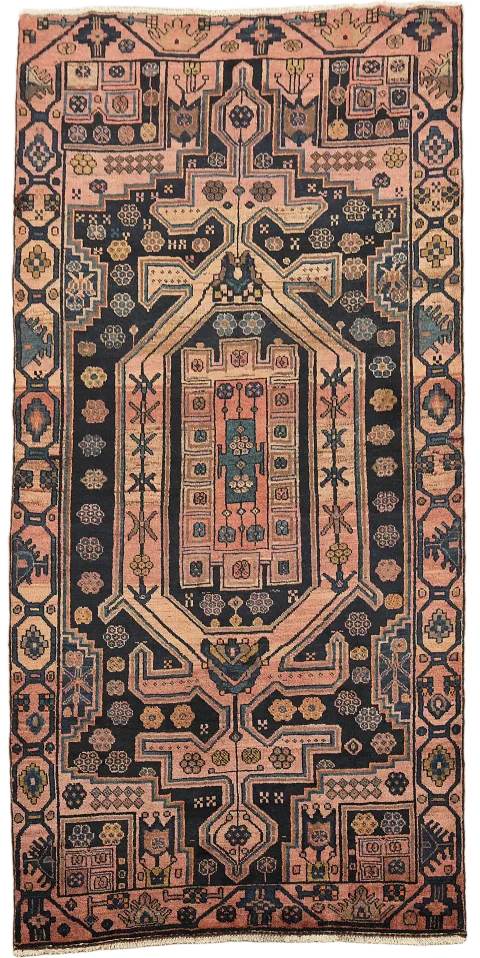 Vintage Navy and Pink Lori Persian Geometric Wool Rug 5x10