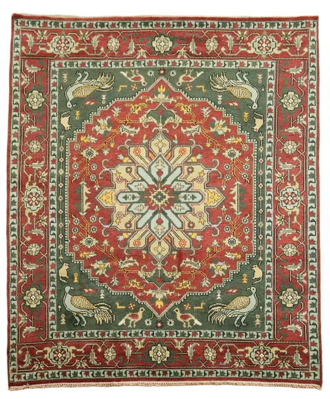 Birds Design Traditional Red and Green Living Room Rug 8'x10'