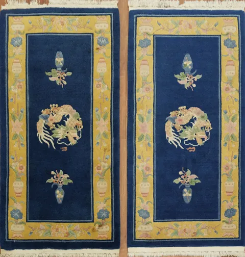 Blue Pair Art Deco Chinese Wool Runner Rug 2x5