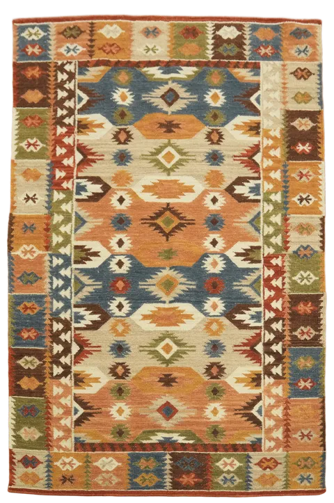 Colorful Southwestern Patterned Kilim Wool Rug for Cozy Home Decor 5'x8'