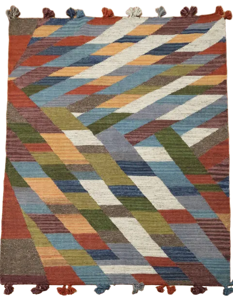 Vibrant Geometric Abstract Kilim Flat-Weave Rug 5'x7'