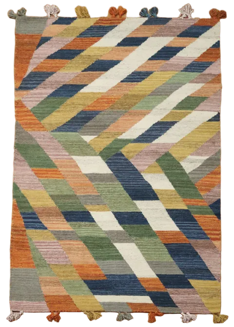 Flat-Weave Kilim Chevron Pattern Rug in Rich Kaleidoscopic Colors 5'x8'
