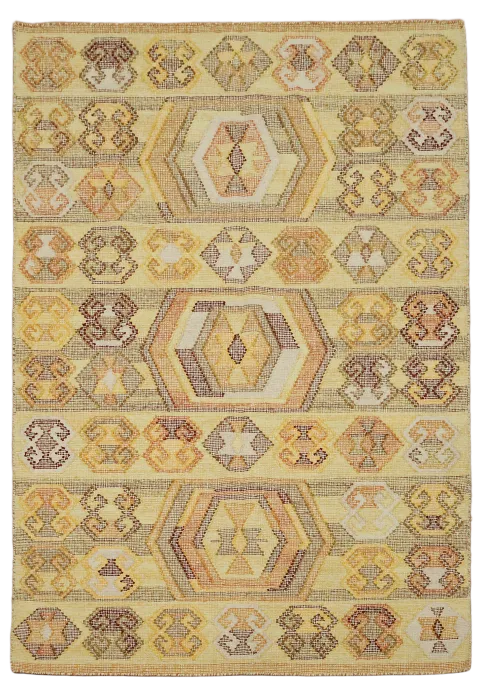 Warm Yellow and Brown Geometric Pattern Kilim Wool Rug 5'x8'