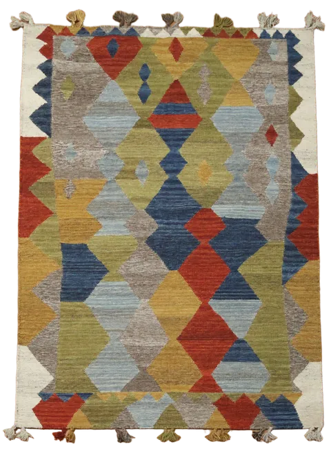 Earthy Tones Kilim in Kaleidoscopic Rug Design 6'x8'