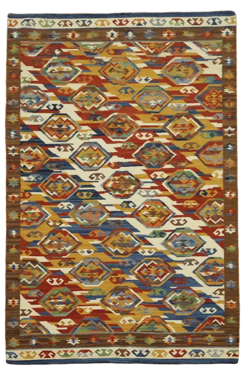 Vibrant Geometric Kilim Wool Rug with Rich Earthy Tones 5'x8'