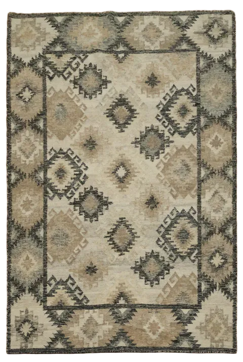 5'x8' Kilim Beige and Grey Rug with Traditional Motifs