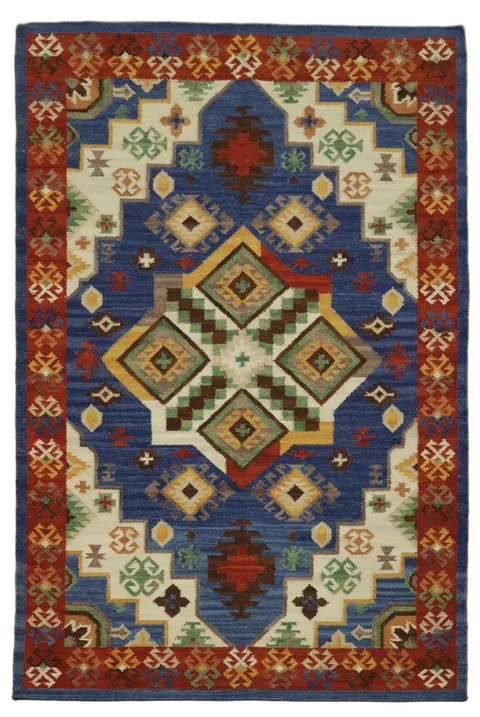 Vibrant Geometric Hand-Woven Kilim Wool Rug 5'x8'