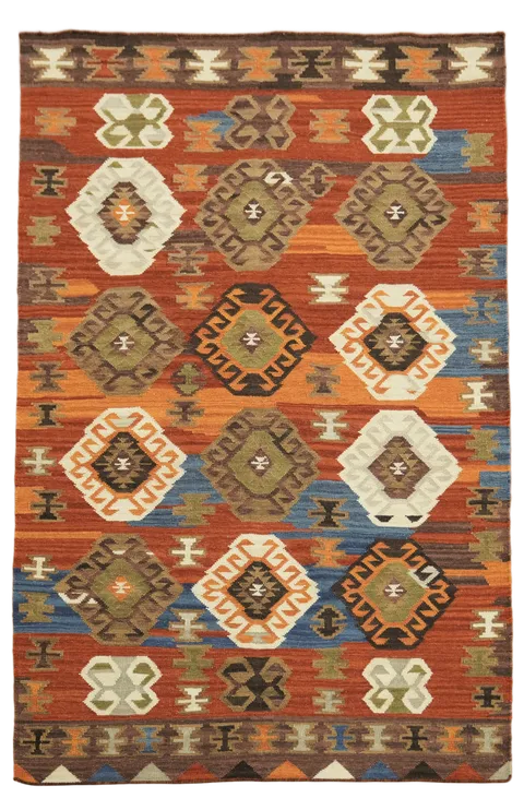 Boho Chic Kilim Rug Featuring Bold Earthy Hues 5'x8'