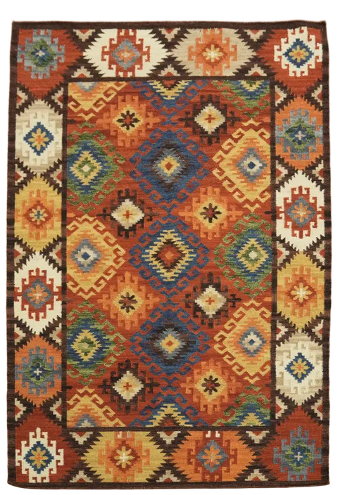 Southwestern Style Kilim Wool Area Rug with Bold Geometric Motifs 5'x8'