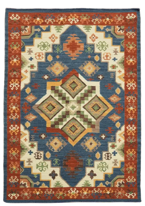 Richly Colored Geometric Blue Kilim Flat-Weave Wool Rug 5'x8'