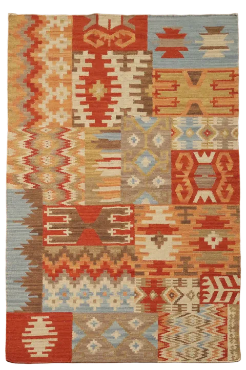 Southwestern-Inspired Kilim Rug with Bold Geometric Patterns 5'x8'