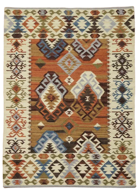 Colorful Kilim Rug Featuring Bold Tribal Design Elements 4'x6'