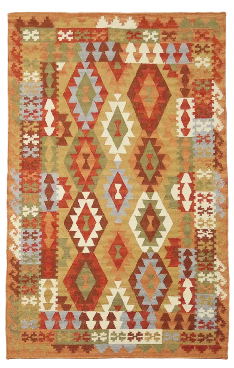 Vibrant Geometric Patterns Kilim Flat-Woven Wool Rug 5'x8'