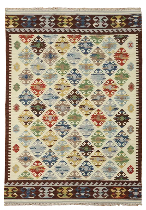 Handwoven Tribal Kilim Rug with Colorful Diamond Designs 7x10