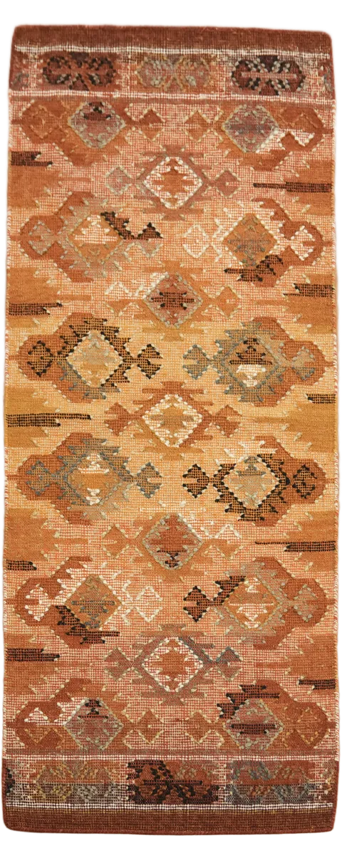 Geometric Flat-Weave Kilim Rug in Sunset and Terracotta Shades 6' 7'' X 2' 8''