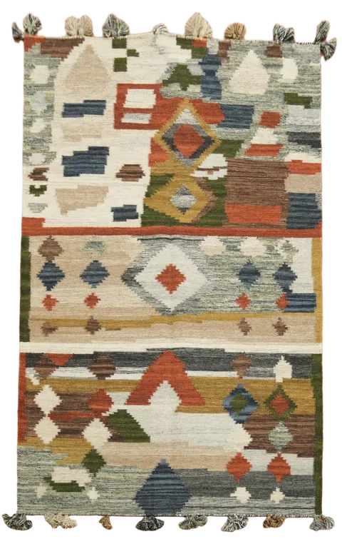 Contemporary Symmetrical Design Kilim Flat-Weave Area Rug 5'x8'
