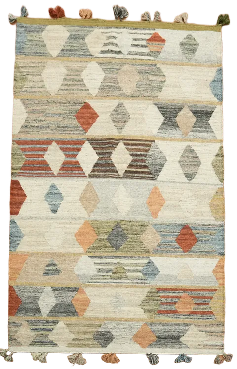 Earthy Tones Geometric Kilim Wool Rug with Fringe for Timeless Style 5'x8'