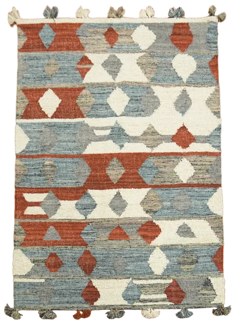 Geometric Patterned Rug in Terracotta and Sky Blue with Tassels 6'x8'