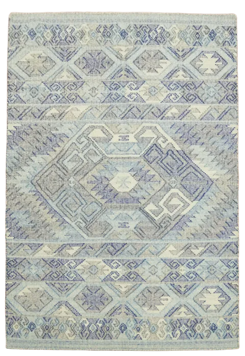 6'x8' Flat-weave Kilim Wool Rug in Soft Hues of Blue in a Stunning Geometric Design