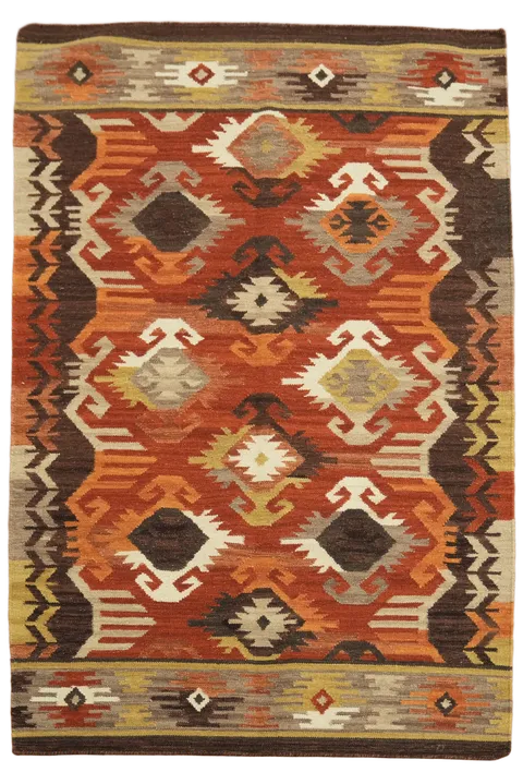 Burnt Orange and Brown Geometric Tribal Kilim Area Rug 4'x6'