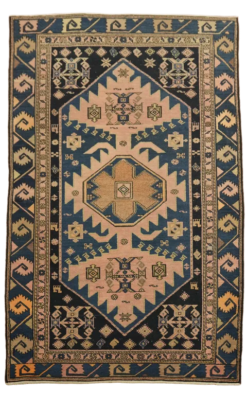 Blue Vintage Geometric Hamedan Persian Wool Rug 5x8
