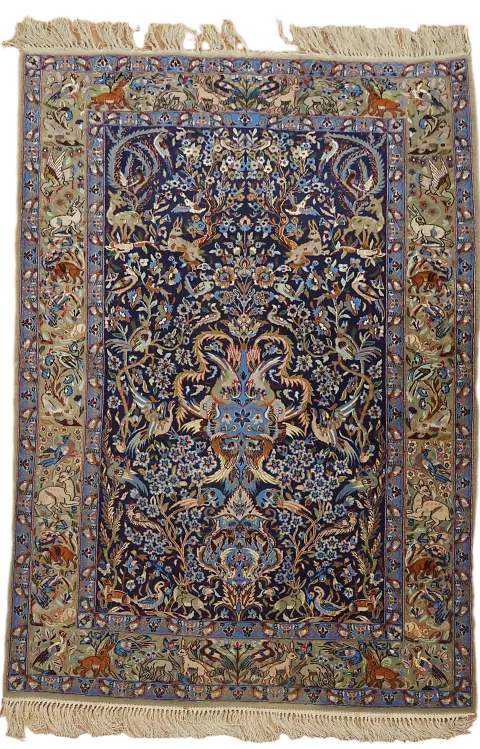 Super Fine Blue Pictorial Wool Kashan Persian Rug 4x6