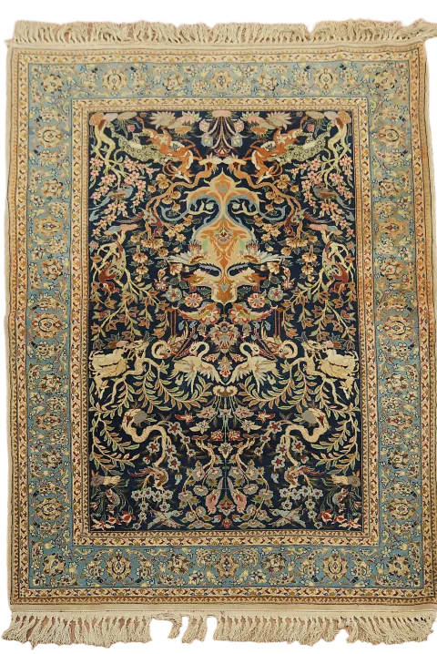 Blue Vintage Animalm Pictorial Isfahan Persian Wool Rug 4x5