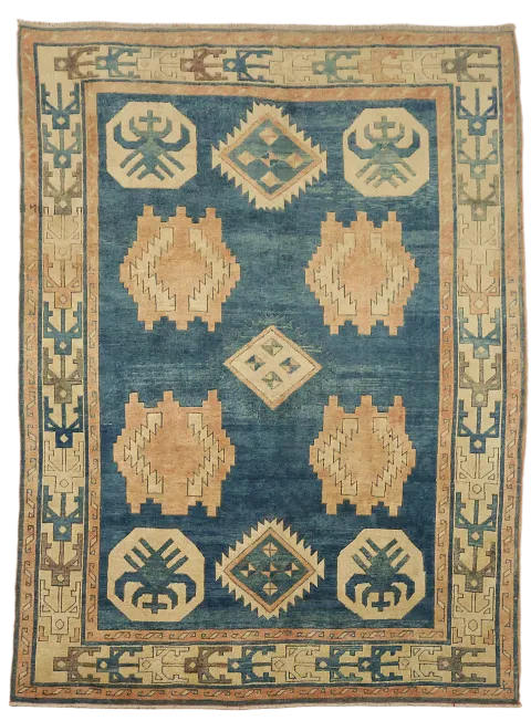 Blue Geometric Anatolian Turkish Wool Area Rug 7x10