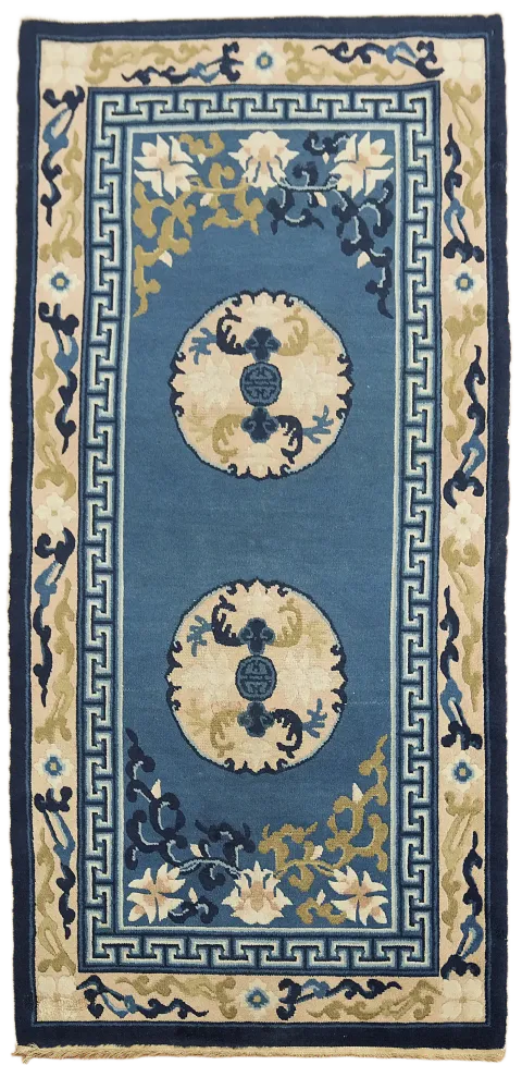 Blue Antique Wool Art Deco Chinese Runner Rug 2x5
