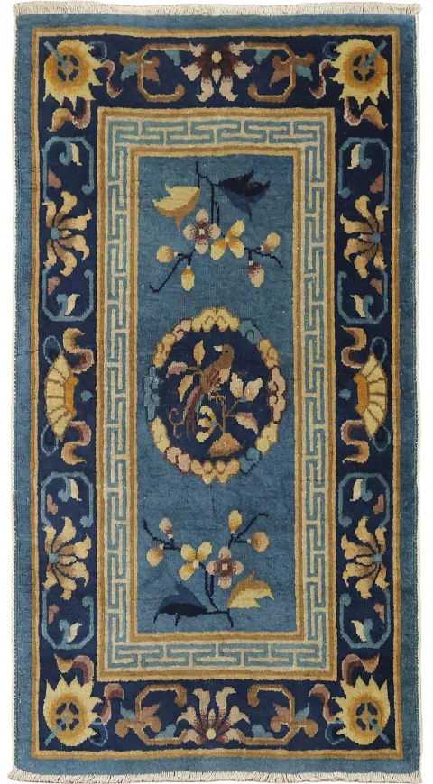 Bliue Vintage Wool Art Deco Chinese Rug 2x4