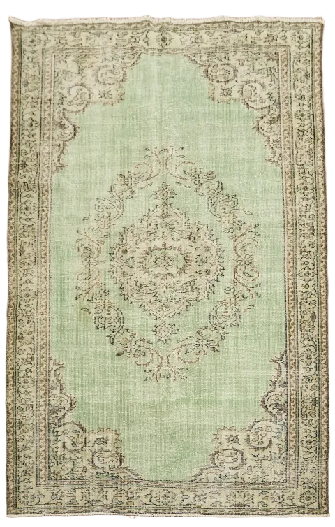Green Vintage Distressed Anatolian Turkish Wool Rug 6x9