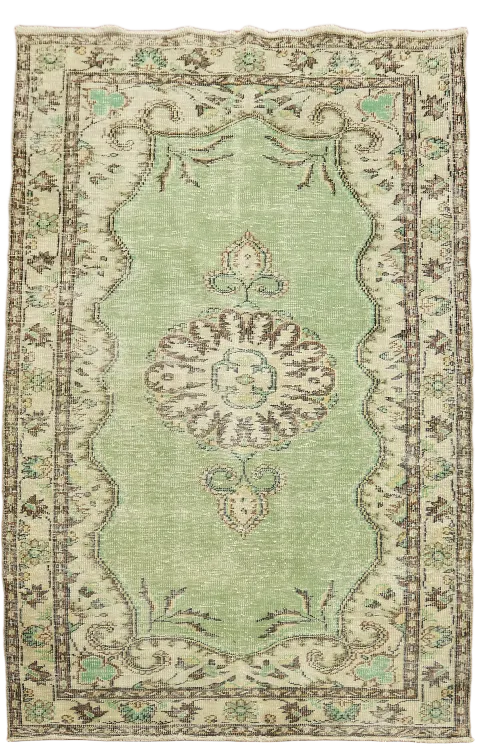 Green Vintage Wool Distressed Anatolian Turkish Area Rug 5x8