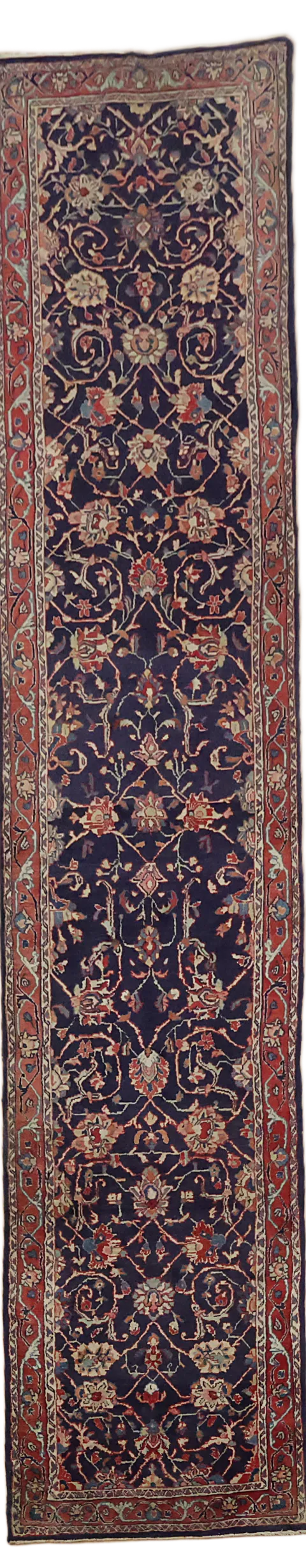 Blue Vintage Wool Sarouk Persian Runner Rug 3x13