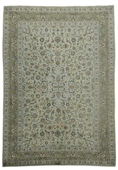 Vintage Green Floral Kashan Persian Wool Area Rug 9x13