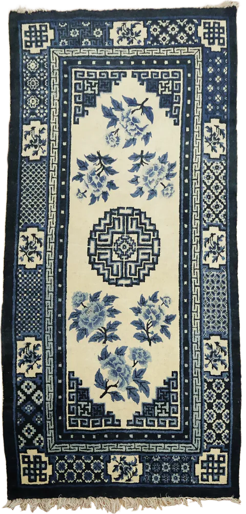 Charming Art Deco Chinese Rug with Delicate Blue and White Designs 3x6 ft