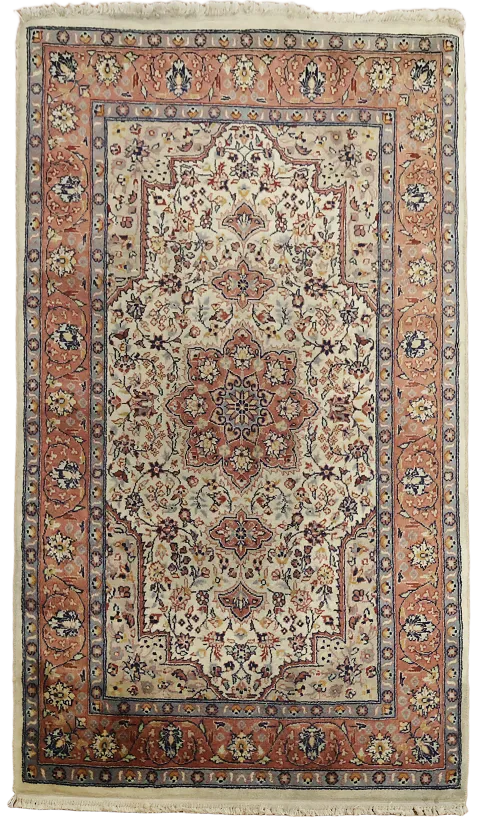 Artistic Persian-Inspired Wool Rug Ivory with Salmon Border 3x4 ft