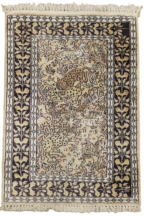 Luxurious Vintage Silk Kashmir with Detailed Leopards and Floral Border 2'x3'
