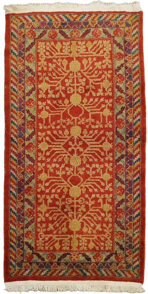 Vibrant Red and Gold Geometric Patterned Khotan Hand-made Wool Rug 3x5 ft