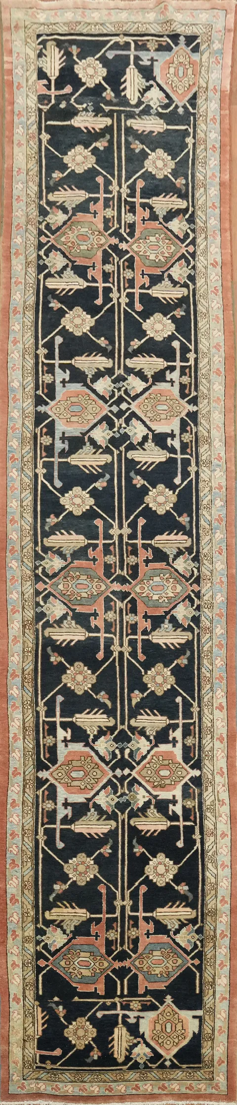 Vintage Geometric Heriz Serapi Persian Runner Wool Rug 4x17