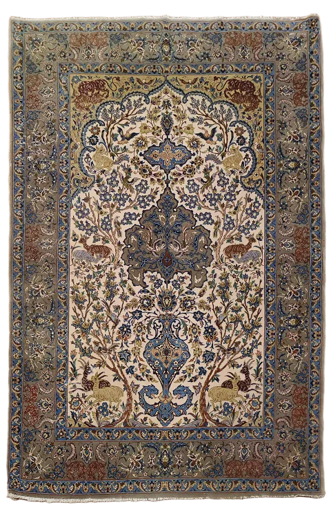 Fine Vintage Silk & Wool Pictorial Kashan Persian Rug 4x6