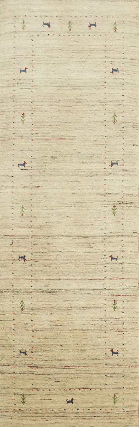 Beige Gabbeh Runner Rug with Delicate Animal Details and Patterned Border 3'x8'