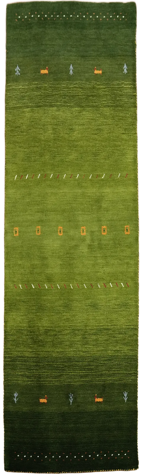 Luxurious Green Handmade Runner with Subtle Tribal Patterns 3'x7'