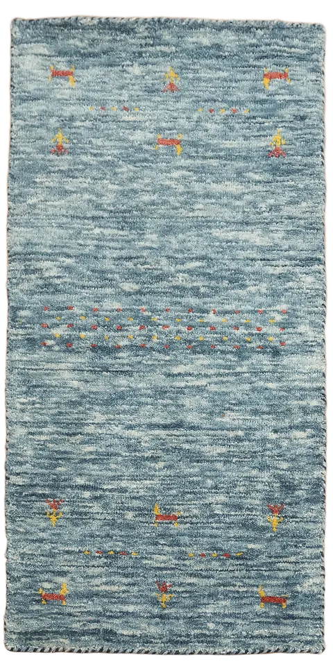 Smooth Blue Handmade Rug with Colorful Details and Patterns 2'x4'