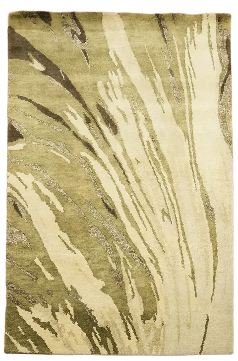 Modern Art-Inspired Nepalese Rug in Neutral Green Hues 4'x5'