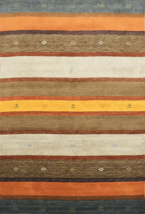 Modern Stripe Gabbeh Rug with a Blend of Warm Earth Tones 7'x10'