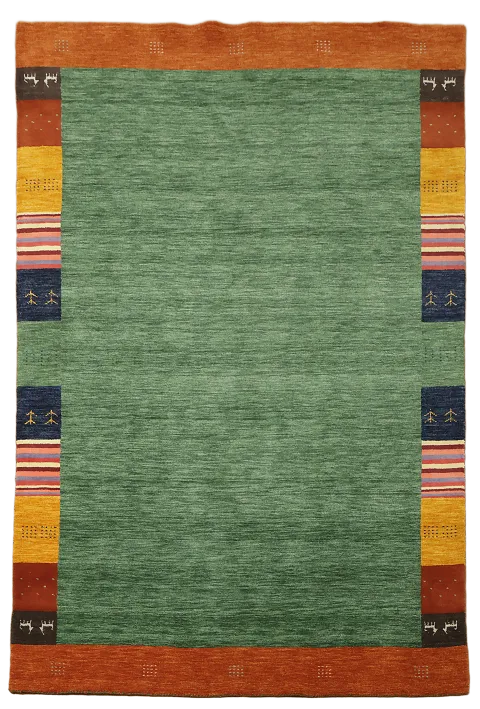Vibrant Green Gabbeh Wool Rug with Intricate Multicolor Border Design 7'x10'