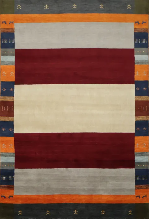 Vibrant Stripes and Subtle Patterns Gabbeh Hand-Knotted Wool Rug 7'x10'